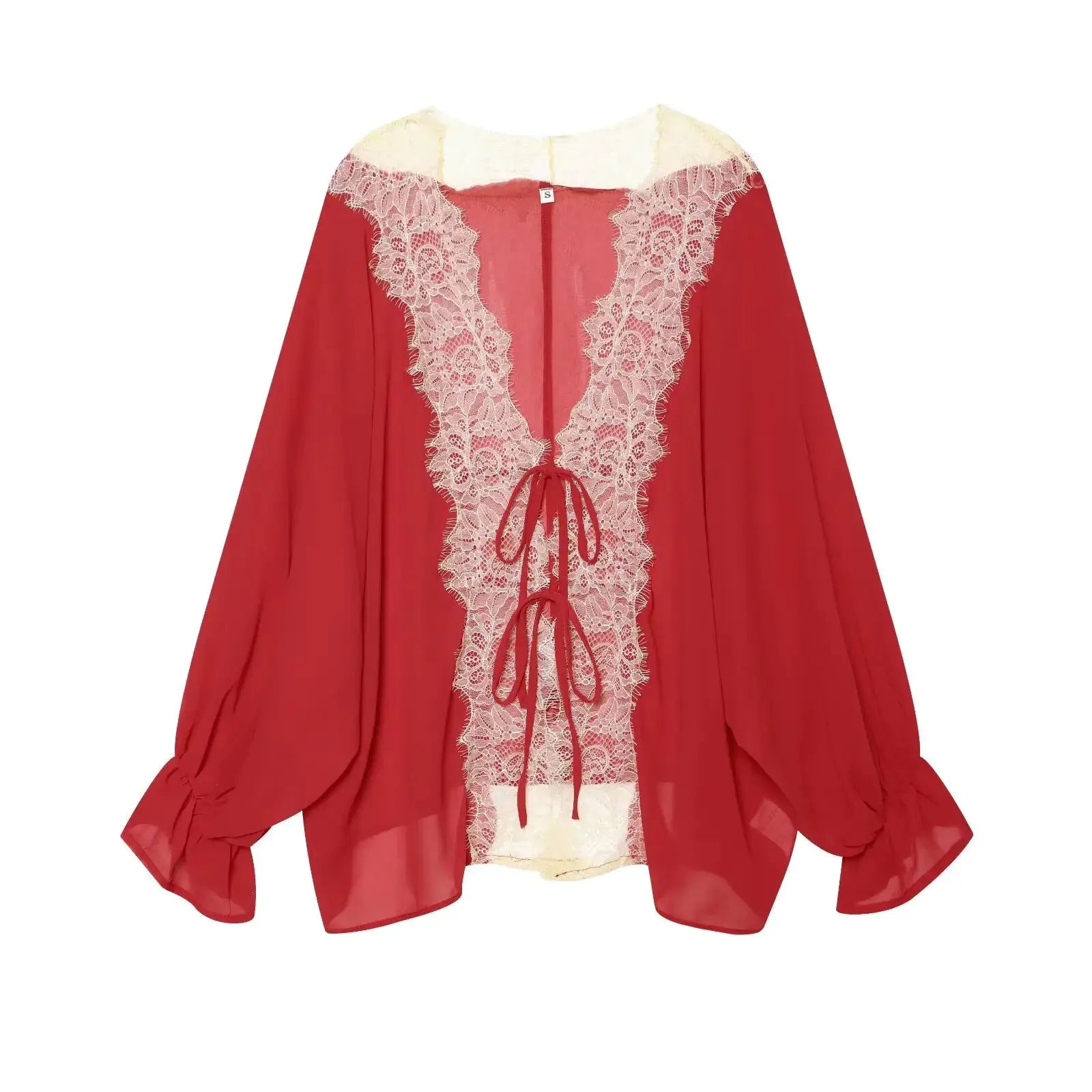 Red sheer lace-trim blouse with lantern sleeves and tie-front lace panels, Simples Market TFMLN