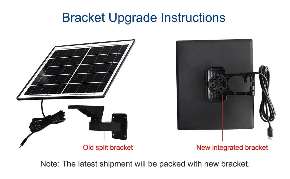 LS VISION outdoor solar camera bracket upgrade diagram showing old split bracket and new integrated bracket