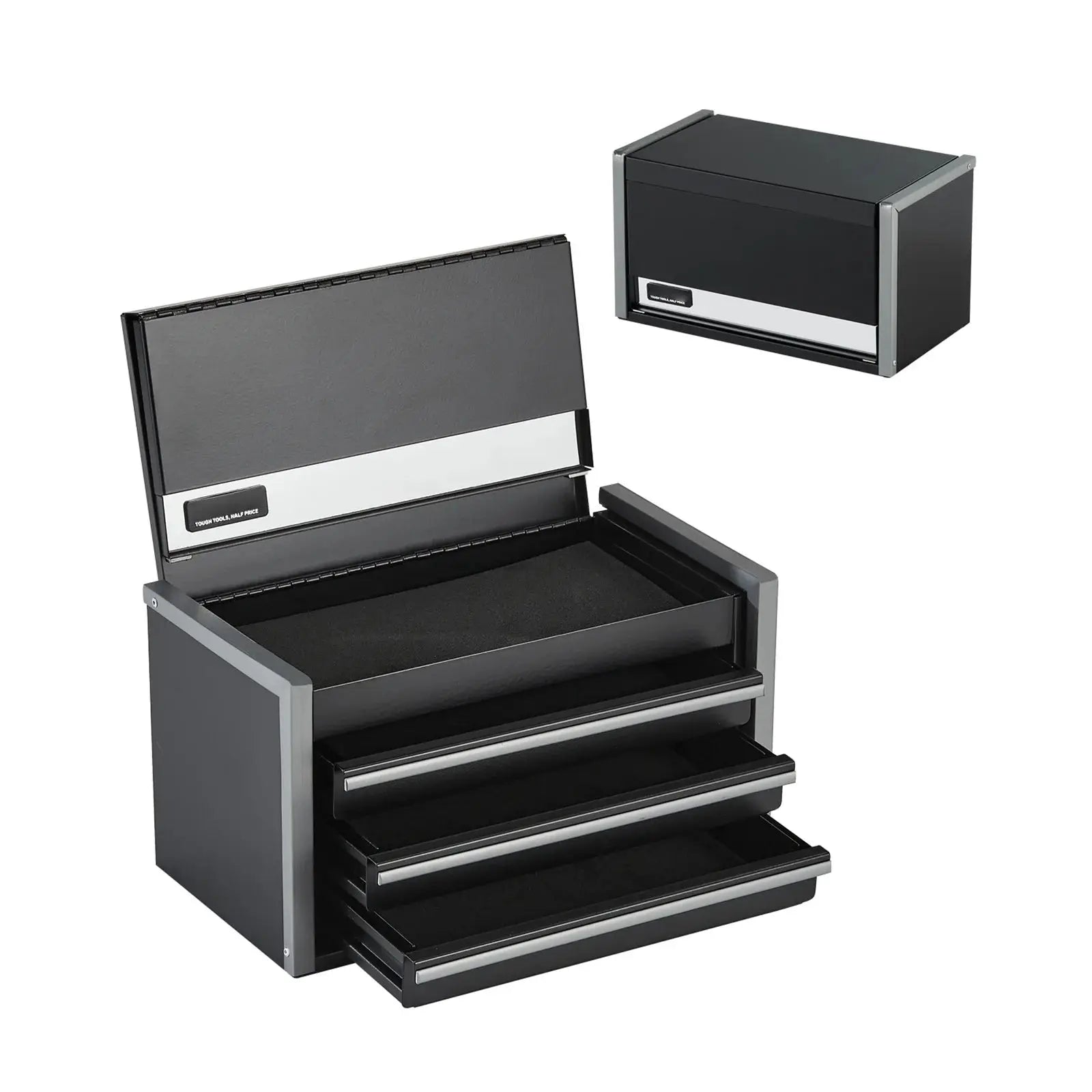 3-drawer metal tool box in black, powder-coated with feet pads and ball-bearing slides