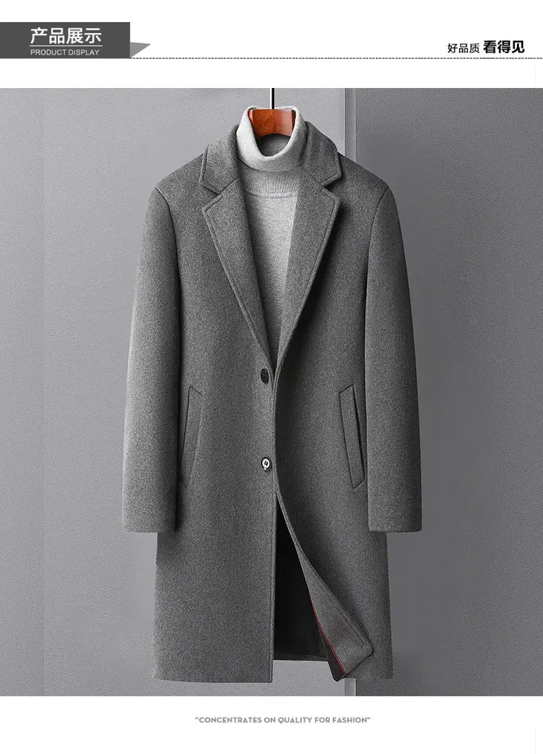 Men's long wool coat by Simples Market, grey wool trench-style jacket with notch lapels.