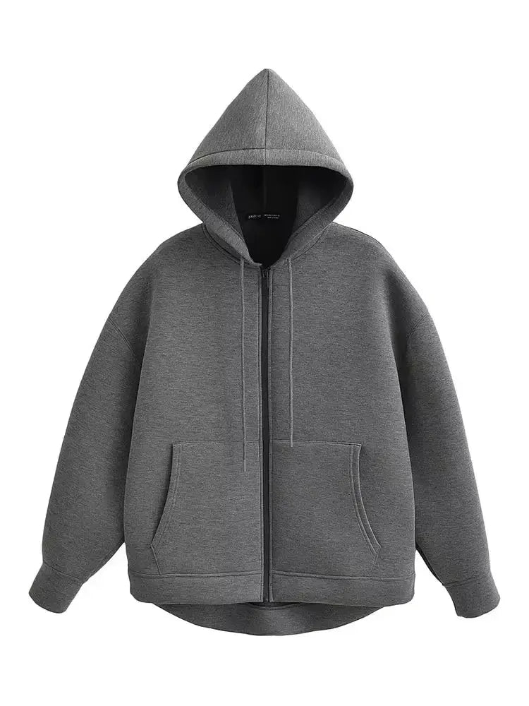 Autumn Gray Hooded Jacket For Women With Big Pockets And Zipper Closure Relaxed Casual Fit For Everyday Comfort