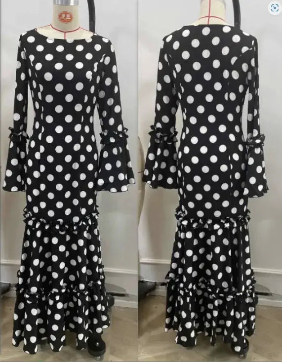 Glamora Polka Dot Fishtail Cotton Blend Evening Dress With Trumpet Sleeves Cascading Ruffle Hem Luxurious Silhouette