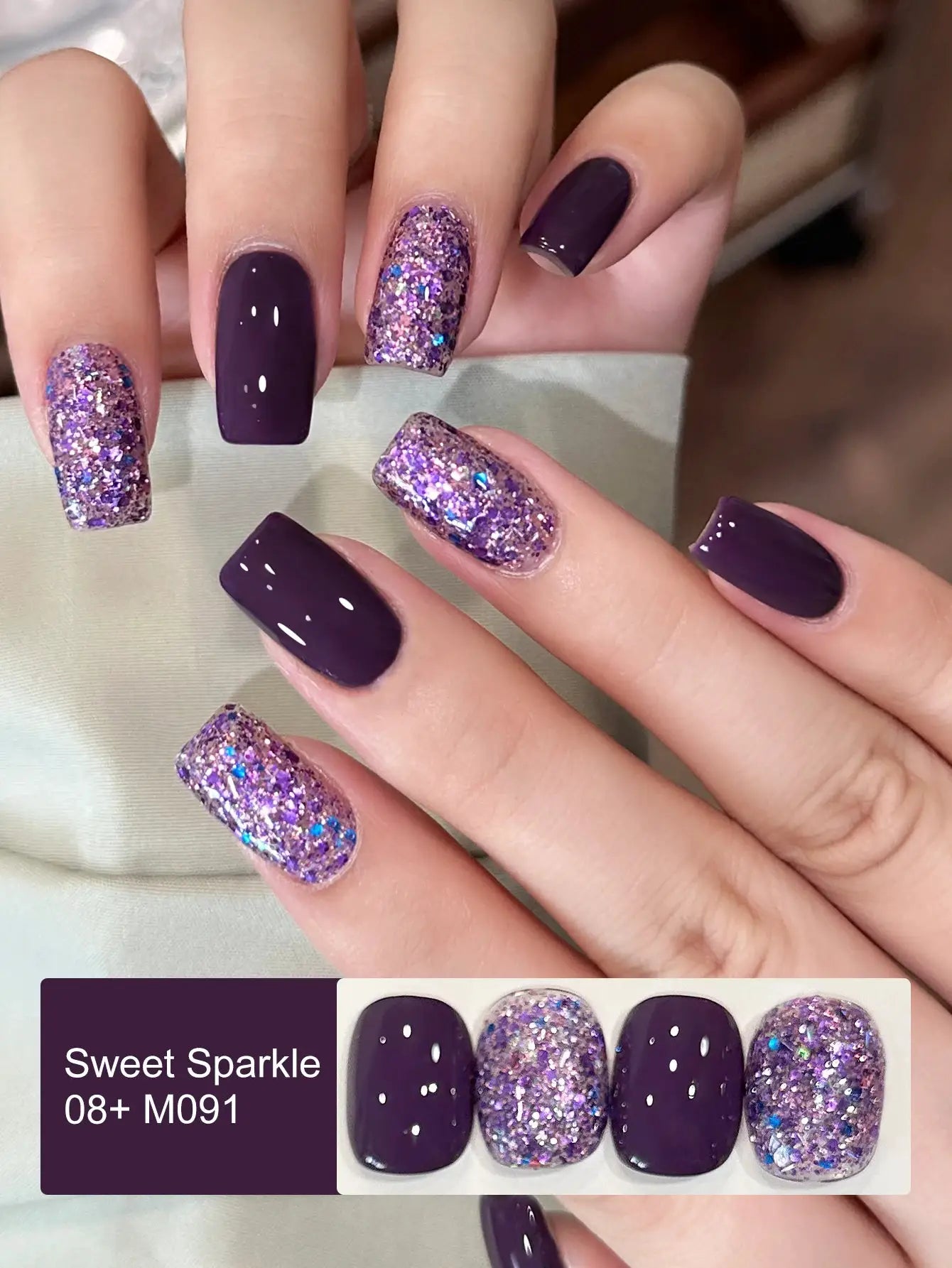 Simples Market nail art gel set with candy sequins in purple; glossy solid purple nails with glitter accents