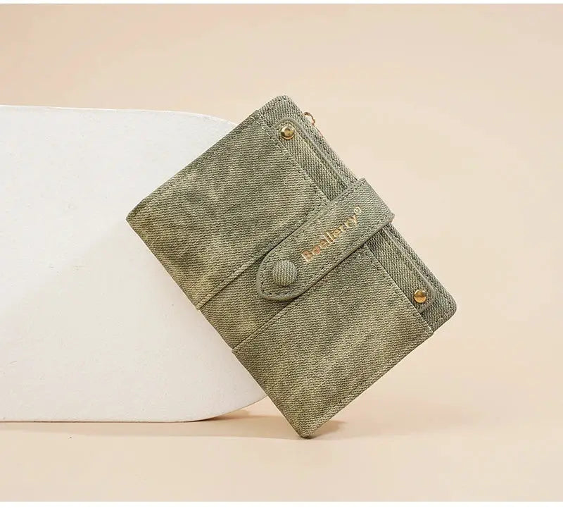 Baellerry women's short wallet in olive denim with snap strap and detachable card clip