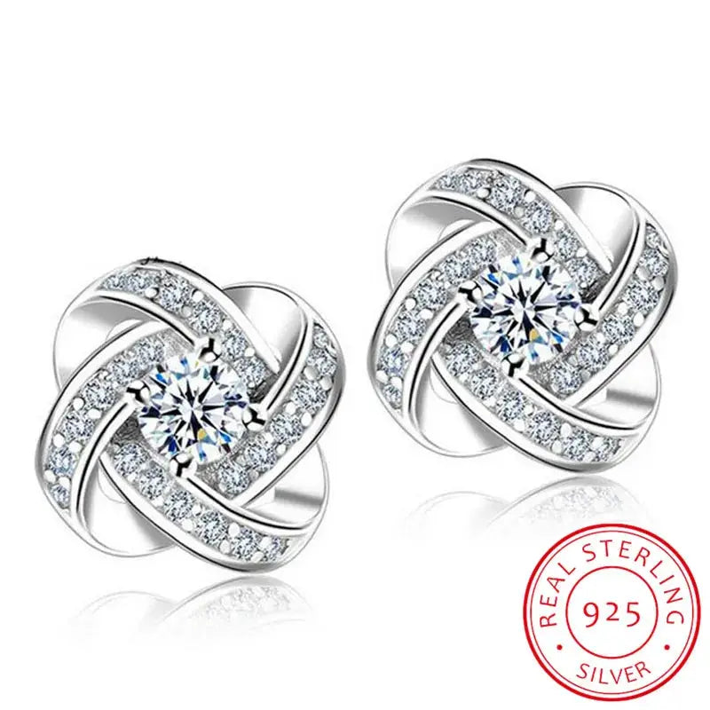 Sterling silver zirconia earrings for women by Simples Market, twisted heart design with crystal stones, set of 2