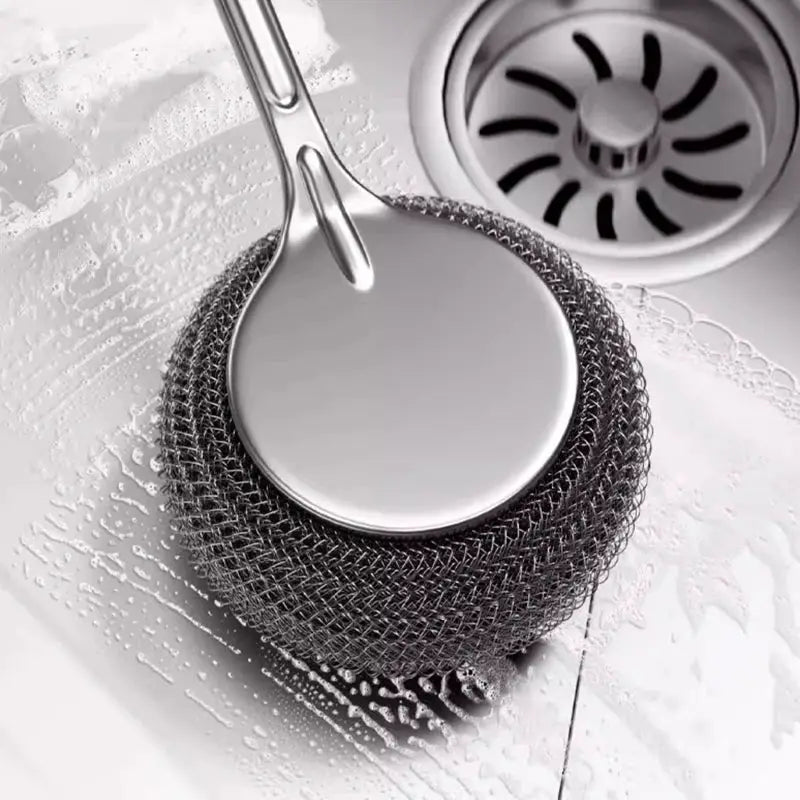Stainless steel pot brush with long handle and steel wool ball for dish cleaning, Simples Market