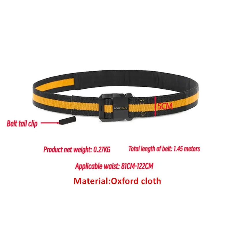 TOOLSTACK work belt with orange stripe, Oxford cloth strap, quick-release steel buckle and 3 clip hooks