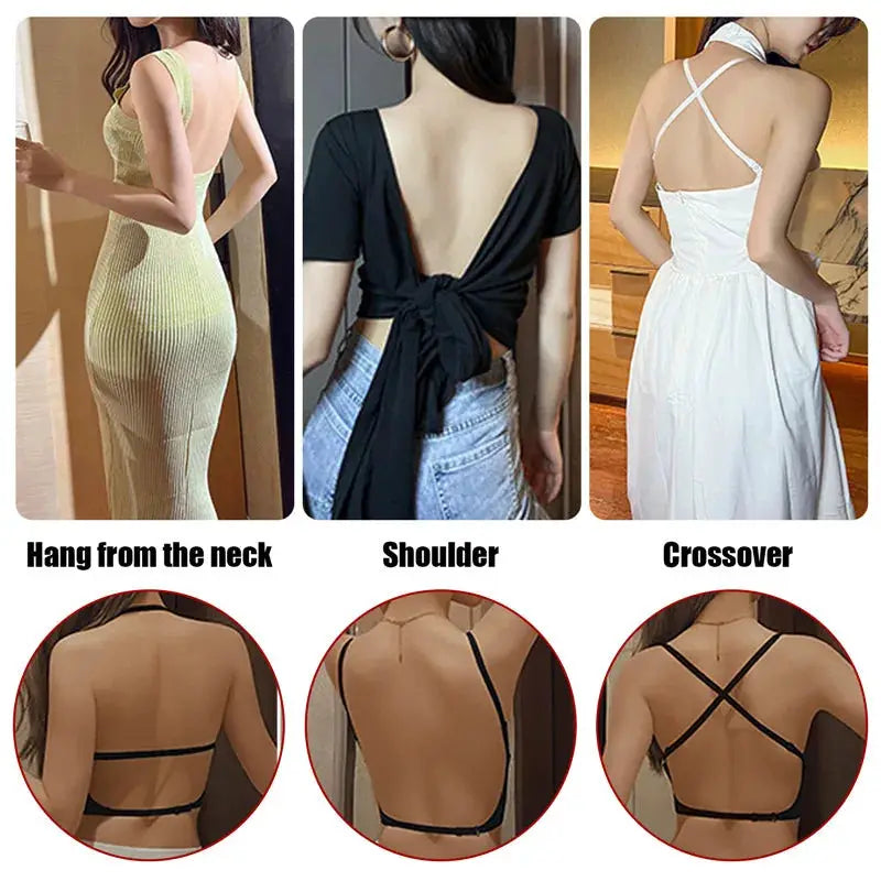 Women invisible bra with deep U plunge for backless dresses; three dress looks with transparent straps