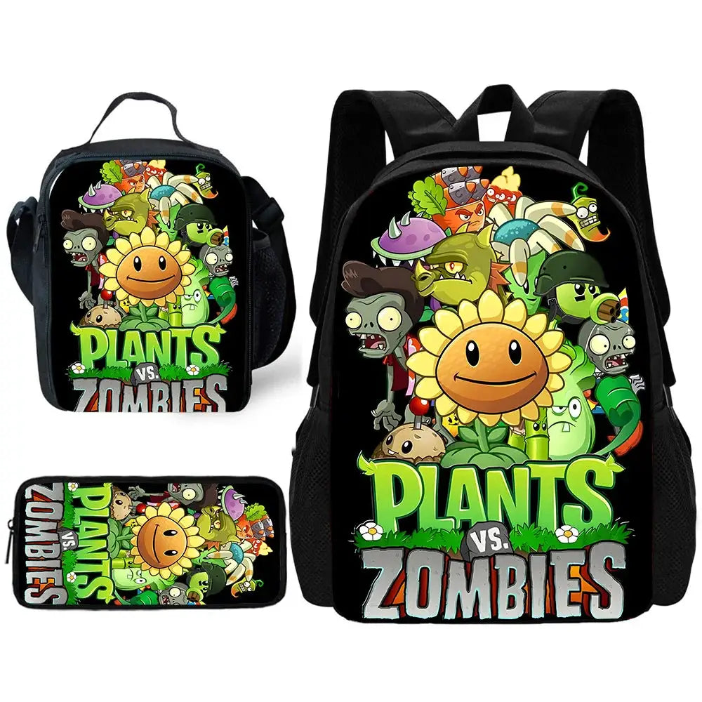 Plants vs Zombies kids backpack set with lunch bag and pencil case; black bags with colorful PVZ artwork (3-piece)