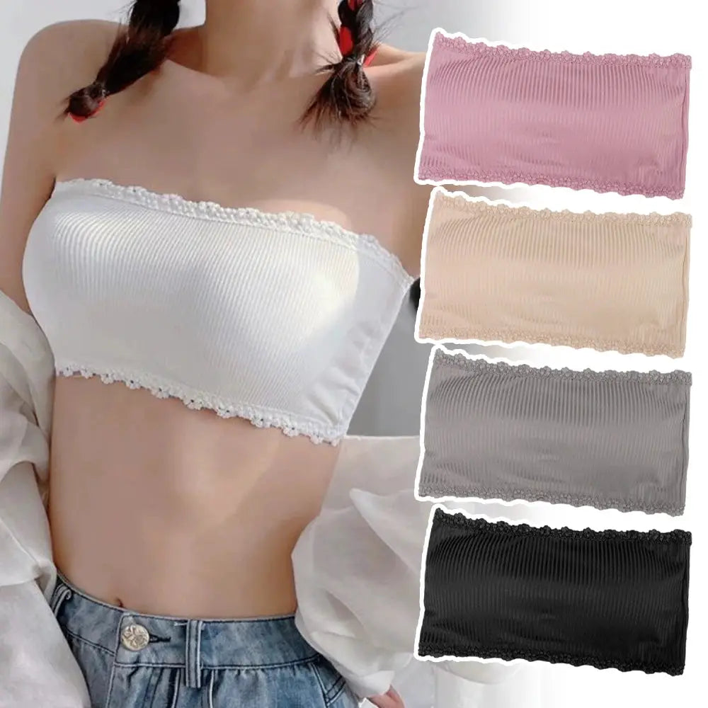 Lace strapless bra by Simples Market; white ribbed bandeau with lace trim, shown in 5 colors