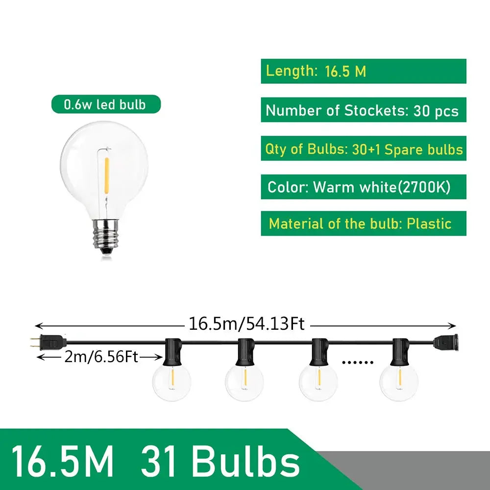 Dual Voltage 110V 220V Outdoor LED G40 Festoon Fairy String Lights For Patio Garden Wedding Street Party Decoration