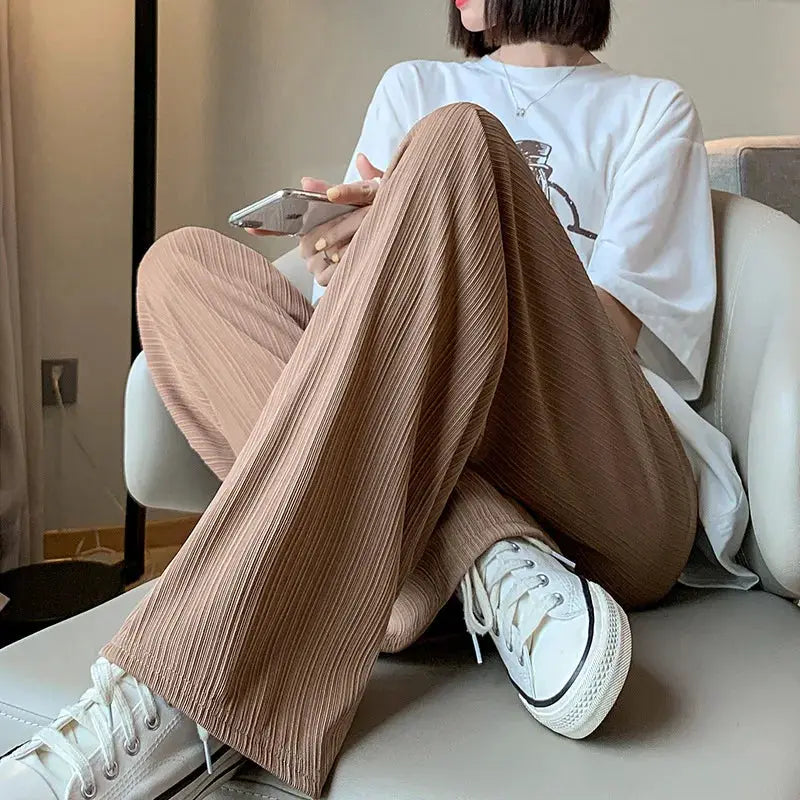 Thin summer wide-leg pants in taupe ice-filament breathable fabric with elastic waist, Simples Market