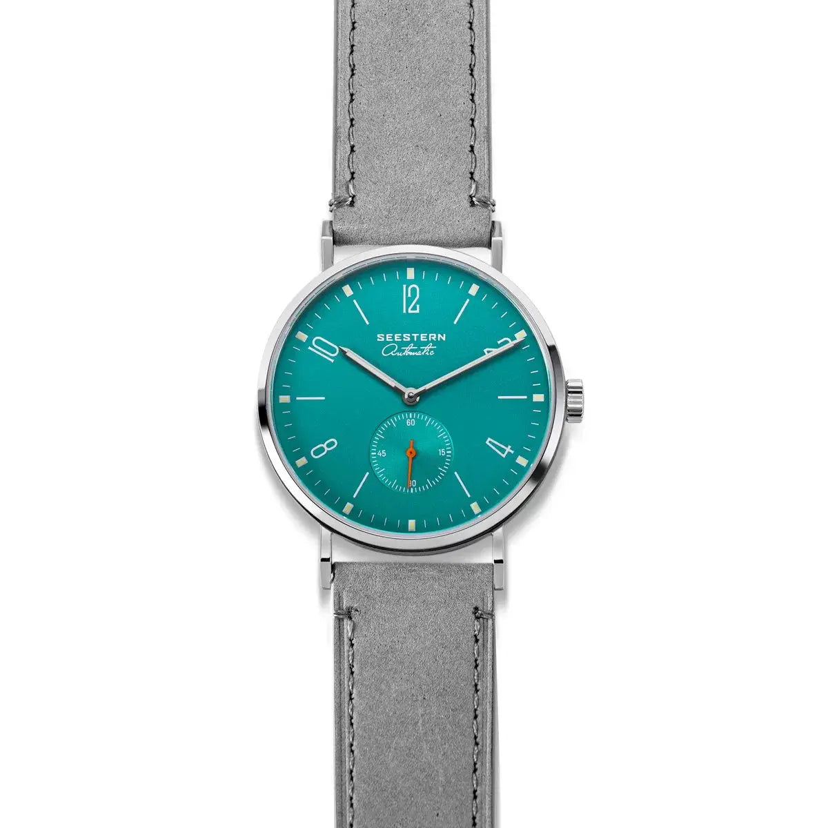 Seestern men's automatic wristwatch with teal dial, stainless steel case and gray leather strap