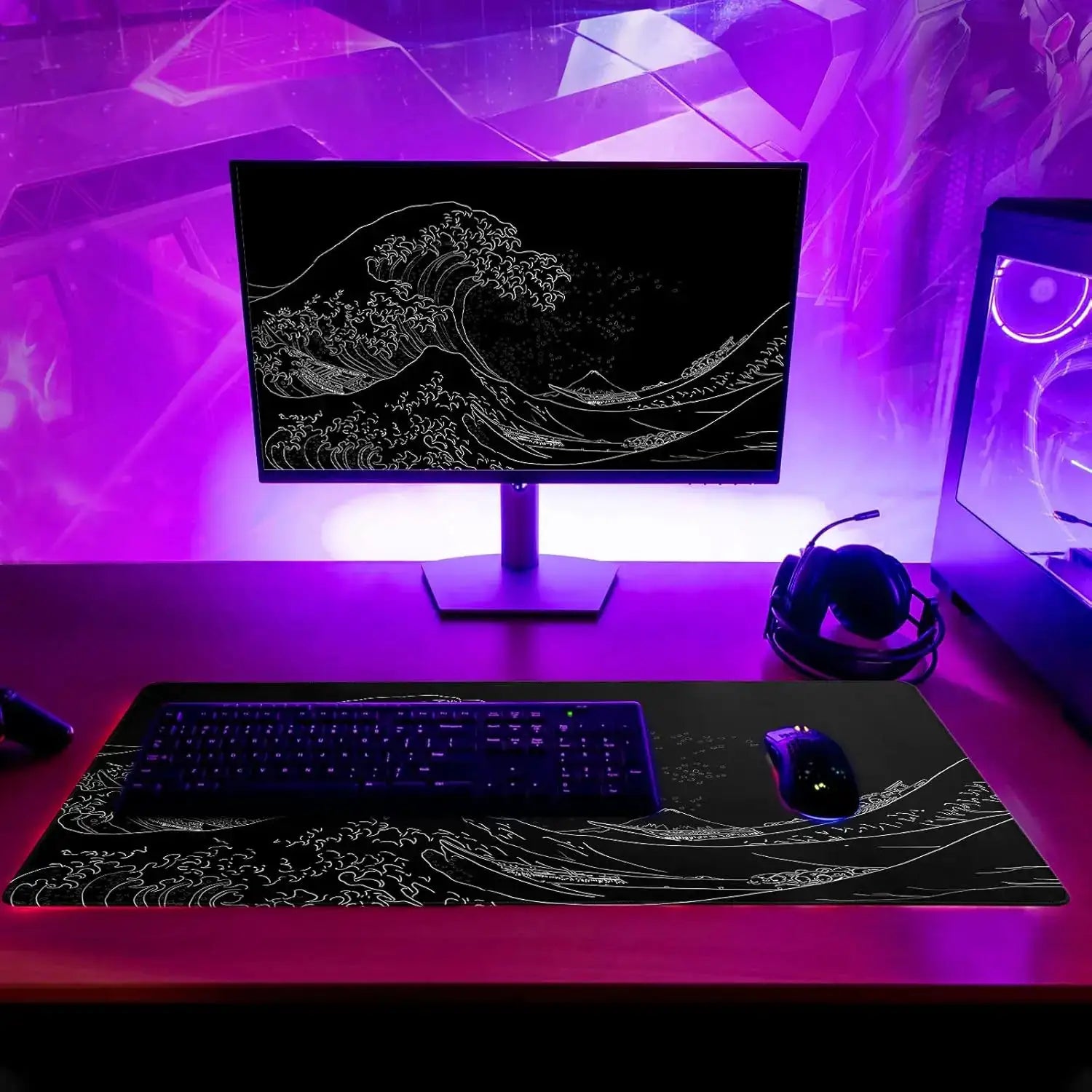 Japanese Sea Wave Large Mouse Pad Anime Black Gaming Extended Desk Mat 3mm Thick Non Slip Rubber Base