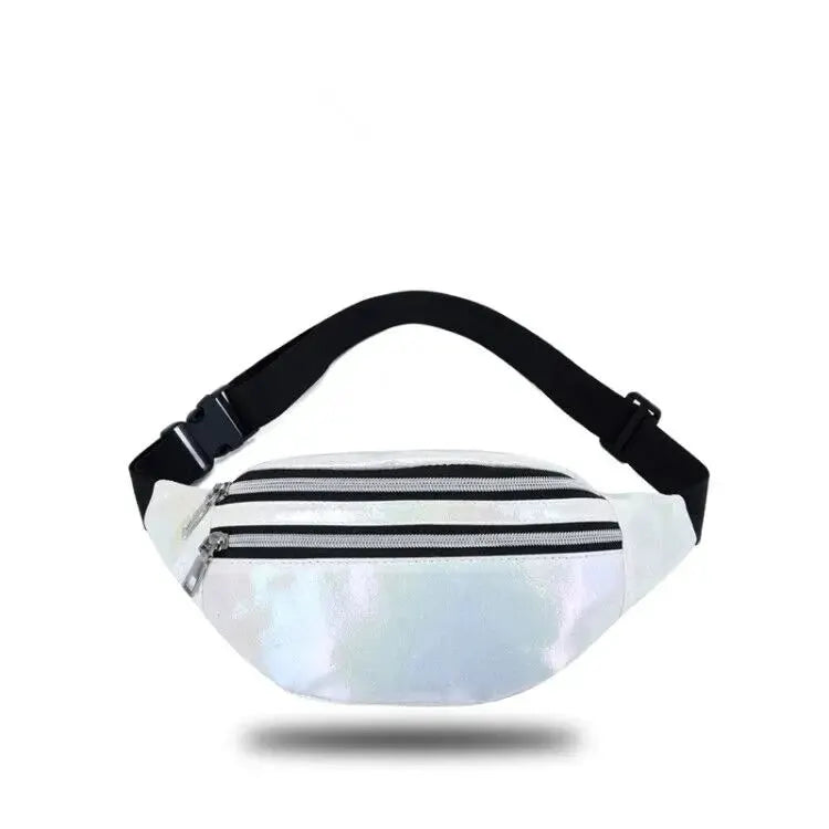 Holographic fanny pack by Simples Market with black adjustable belt, iridescent waist bag with two zippers