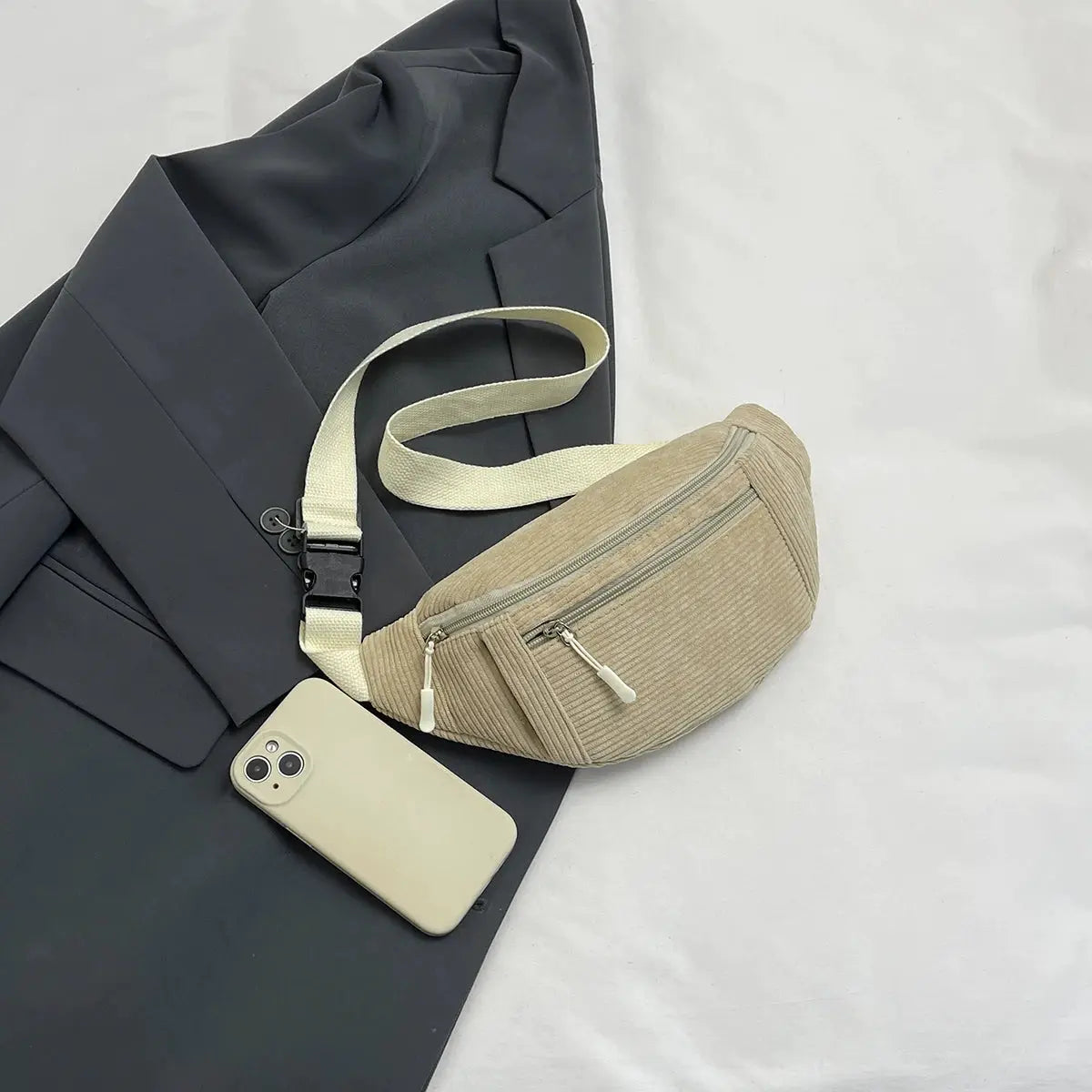 Beige corduroy waist bag for women with cream strap and dual zip pockets