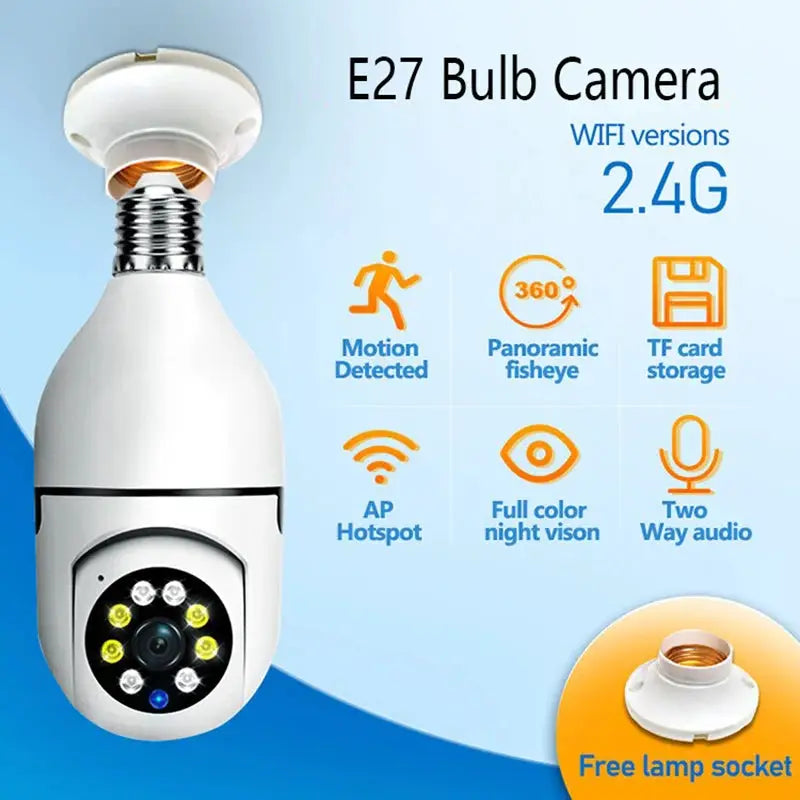 E27 bulb surveillance camera, white, 1080p HD, wireless WiFi, night vision, two-way audio