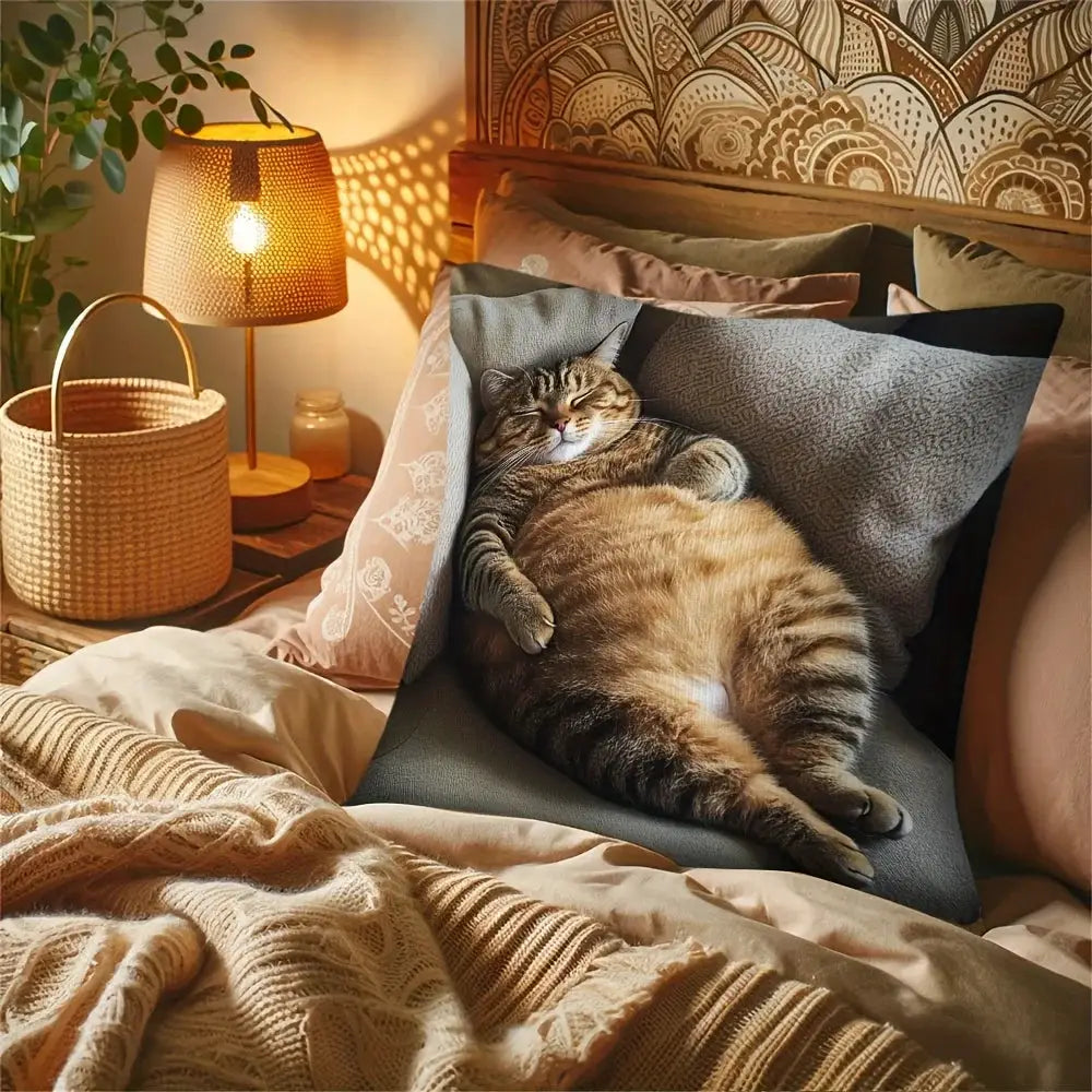 Fat Cat Lying Down Print Pillowcase by Simples Market, gray pillow on cozy bed with warm lighting