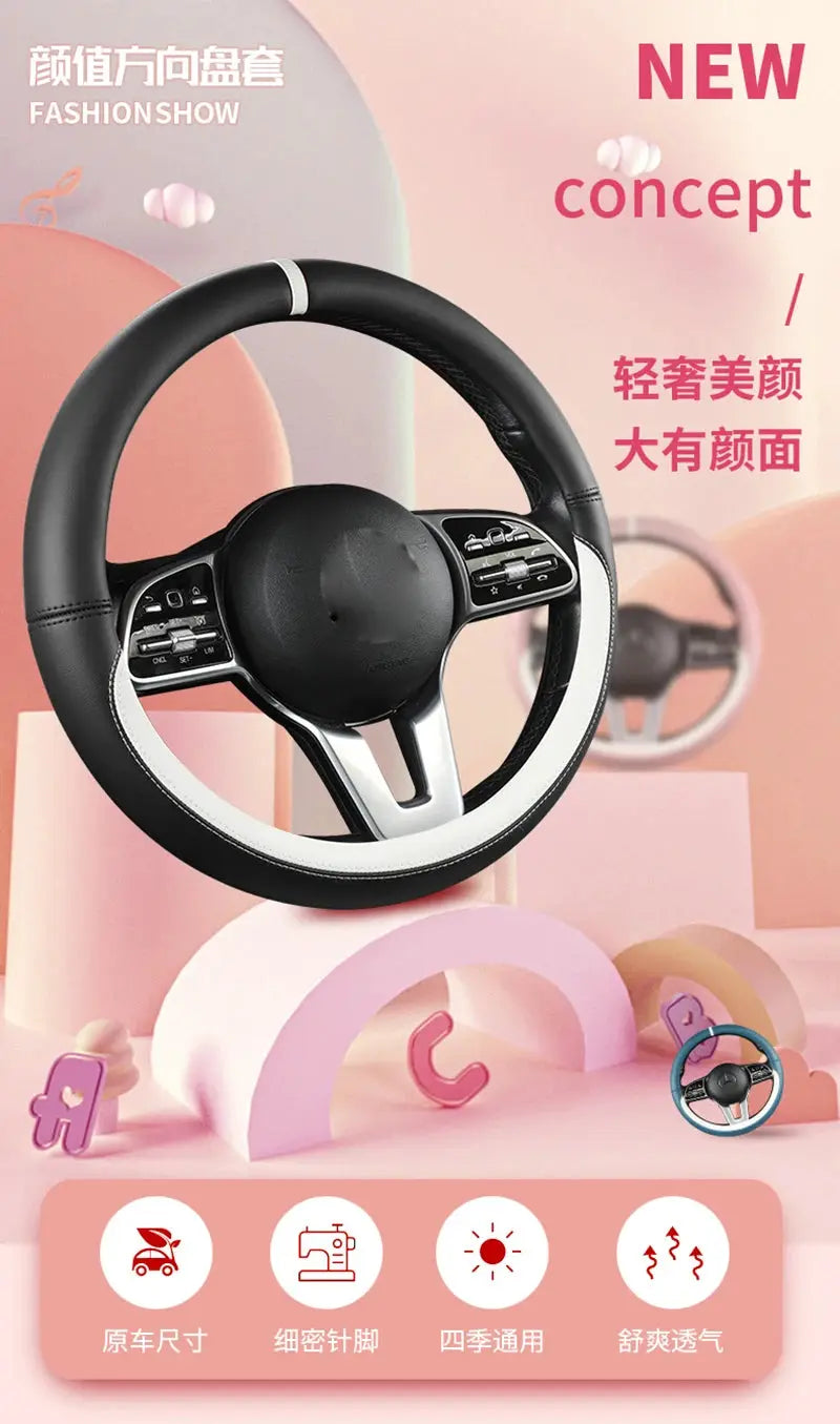 Steering wheel cover, microfiber leather, non-slip, black with white trim, 38 cm for Seat Tarraco/Arona/Ateca