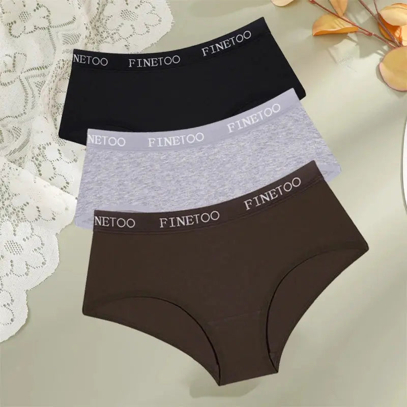 FINETOO cotton low-rise women's underwear set of 3 in black, heather gray, and brown from Simples Market