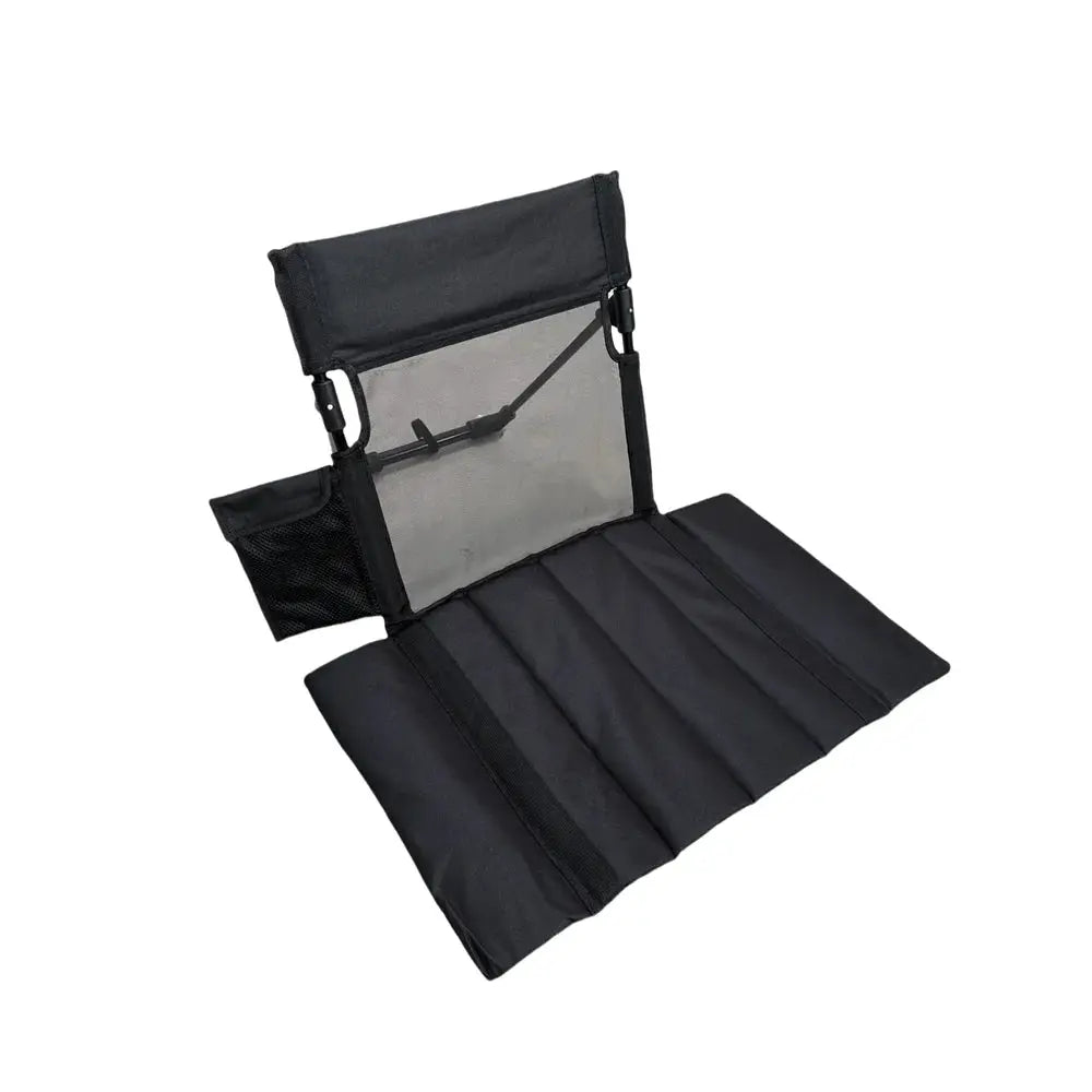 Simples Market outdoor foldable camping chair, black Oxford cloth with backrest cushion and side pocket.