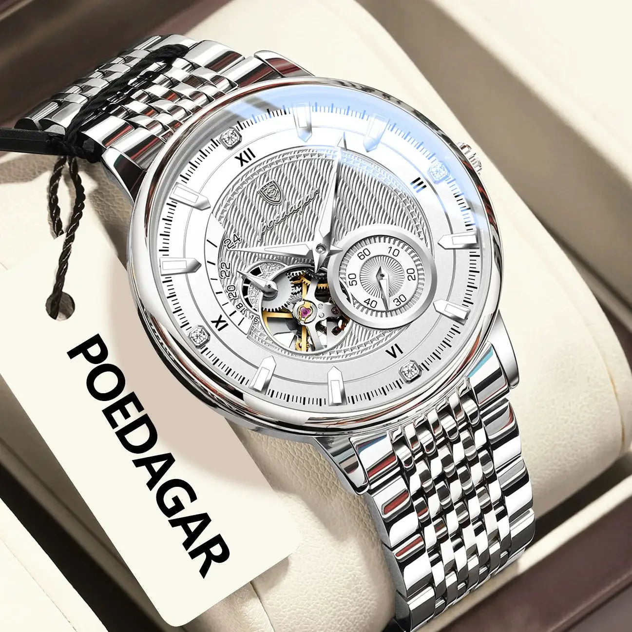 POEDAGAR stainless steel men's wristwatch with skeleton tourbillon, silver dial and luminous hands