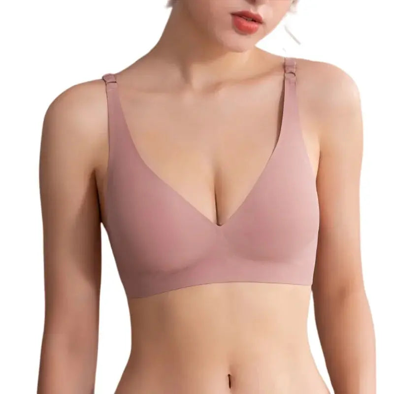 Push-Up seamless bra in soft pink, non-wire bralette with V-neck and removable pads