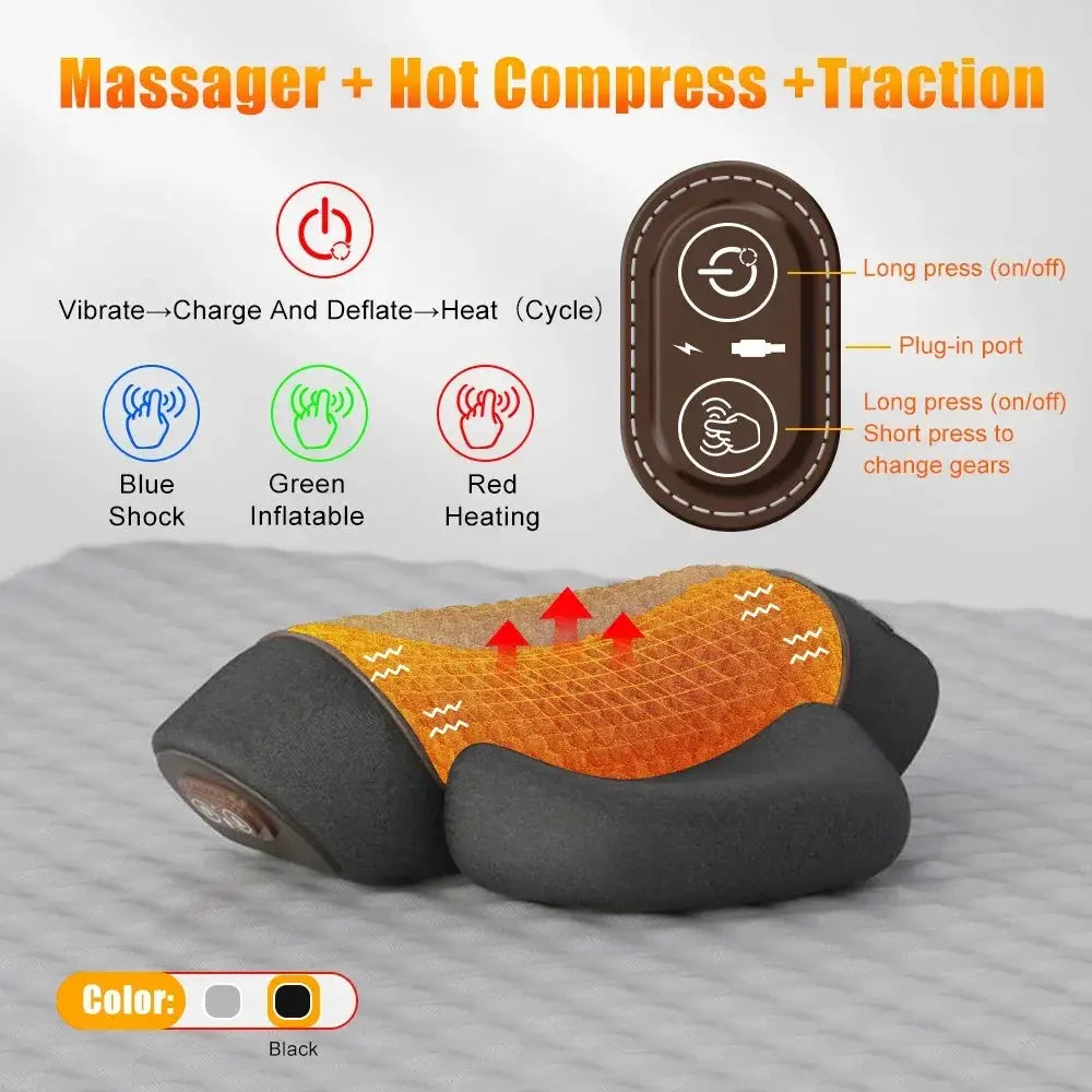 3-in-1 neck massager pillow for women by Simples Market, black with orange top, heating and traction function