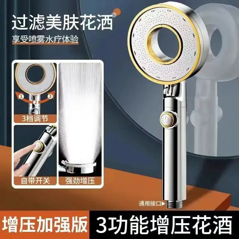 Three-mode adjustable shower head in chrome with high-pressure spray and built-in stop valve