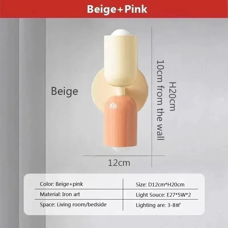 Nordic LED wall lamp, beige and pink double-head iron art fixture for living room or bedroom.