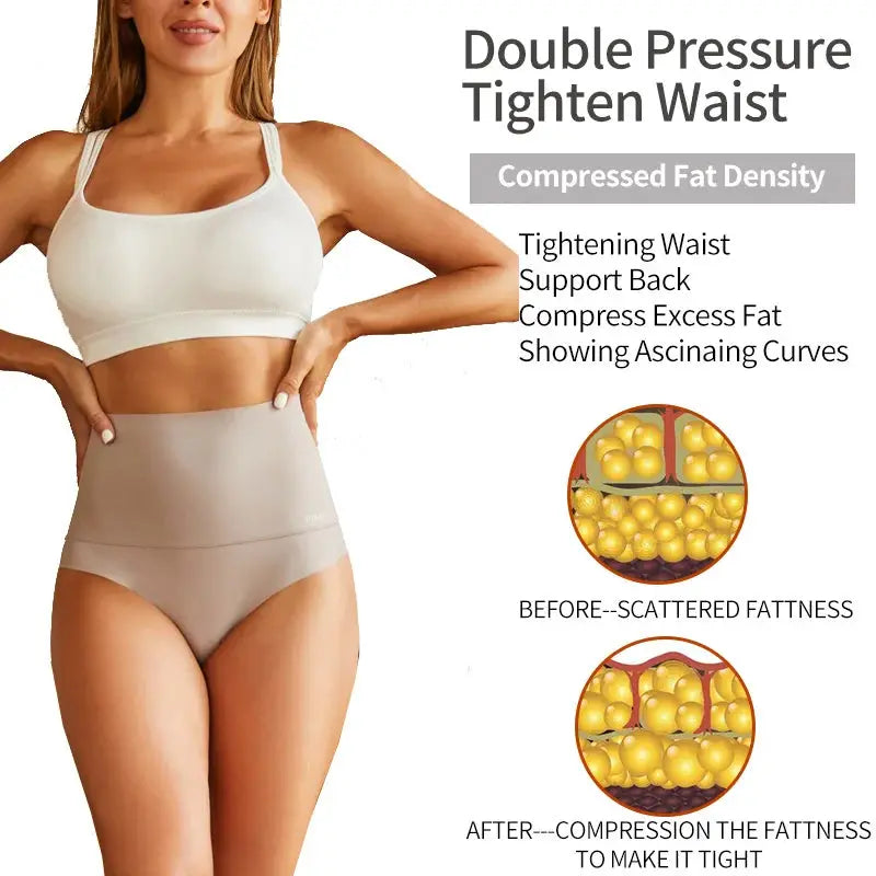 Large-size women's seamless high-waist shapewear briefs in beige ice silk by Simples Market