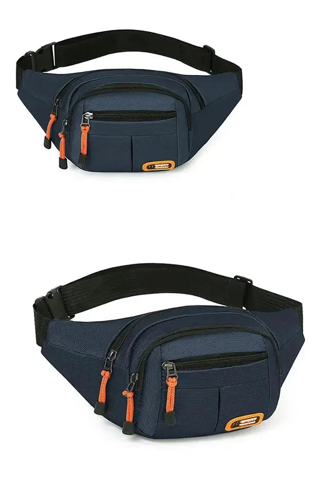 Simples Market Oxford waterproof waist bag, navy blue fanny pack with multiple pockets, orange zipper pulls, adjustable strap.