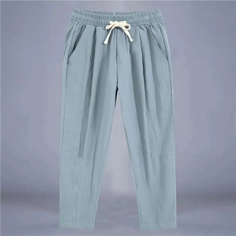 Mens Cotton Linen Solid Color Casual Pants Breathable Loose Fit Trousers With Drawstring Waist Streetwear