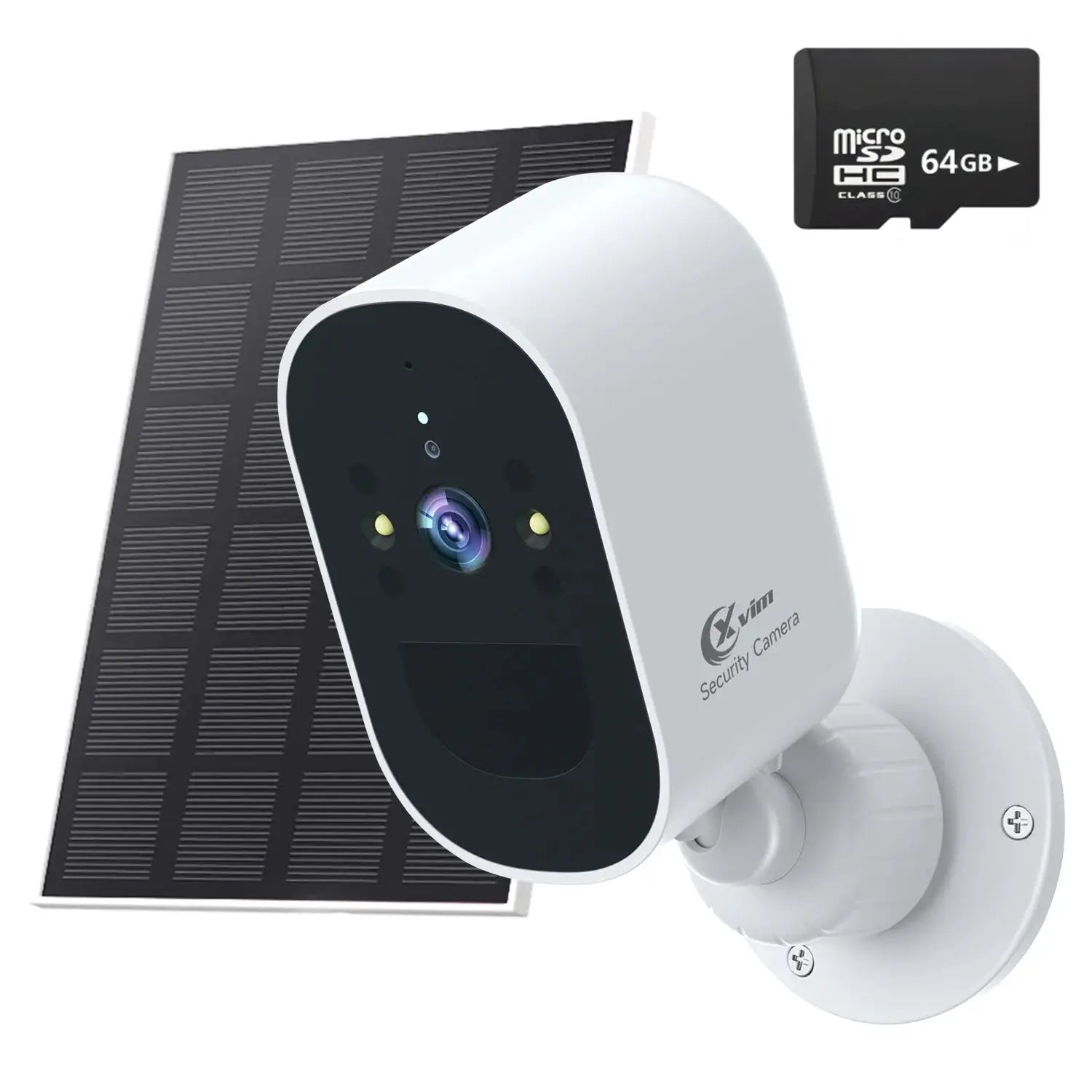 XVIM solar security camera with white housing and solar panel, 64GB microSD card