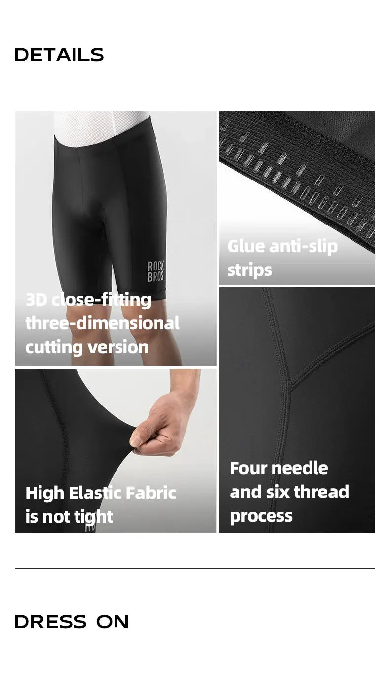 ROCKBROS men's cycling shorts in black with anti-slip strips, logo, and a breathable 3D close-fit cut