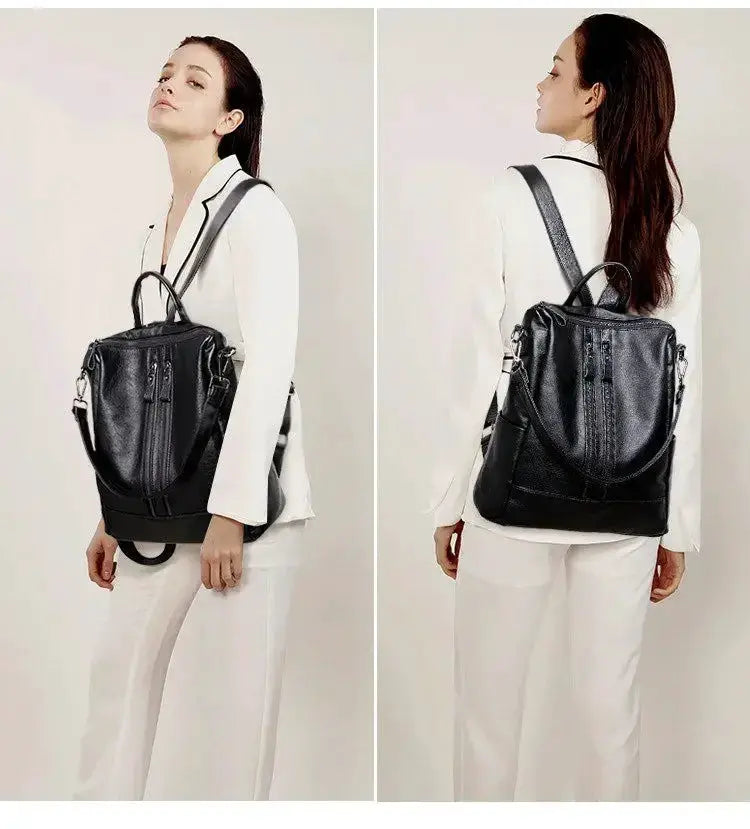Simples Market women's soft leather backpack, black, large-capacity casual school bag
