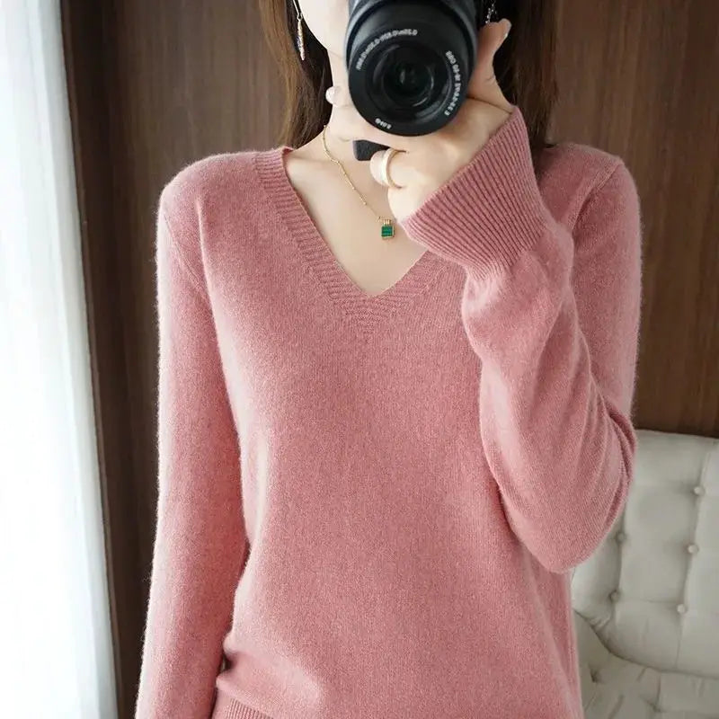 LunaThreads Womens Solid Wool Blend Pullover Slim Fit V Neck Knitwear For Spring And Autumn