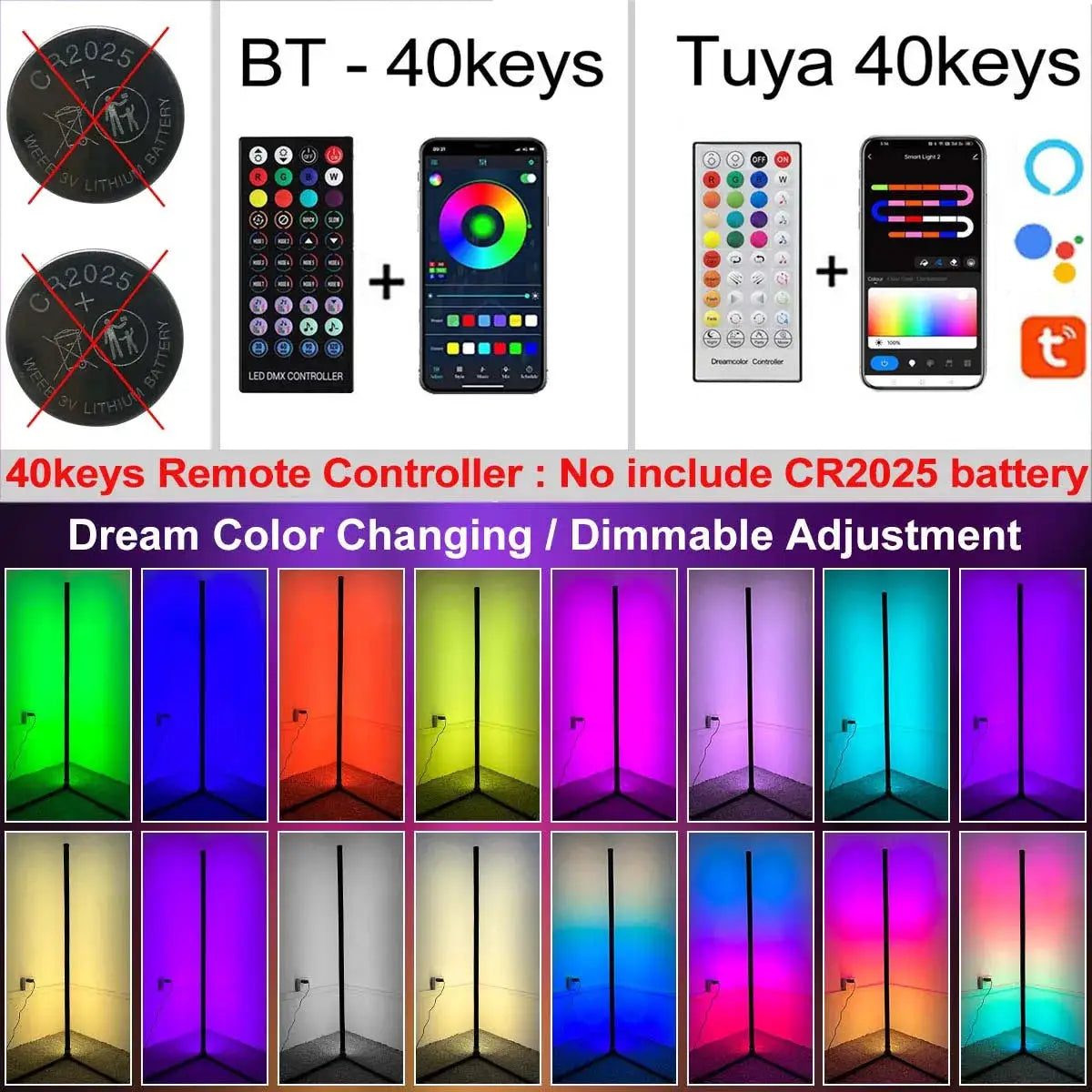 Simples Market 160cm Tuya corner floor lamp with RGB LED, dimmable mood lighting and 40-key remote.