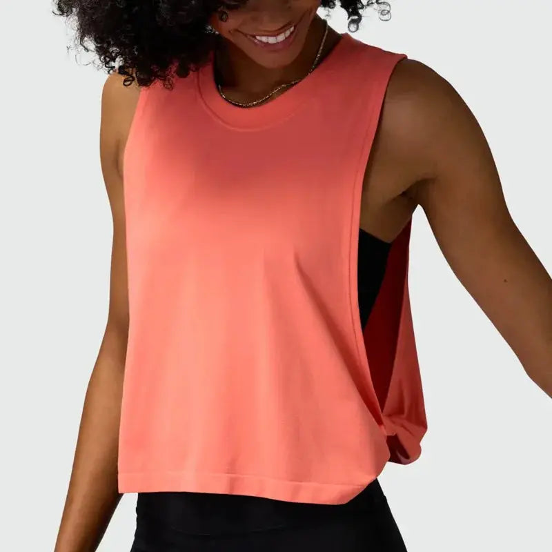 Women’s coral-pink solid running vest crop top, sleeveless yoga tank, breathable gym wear