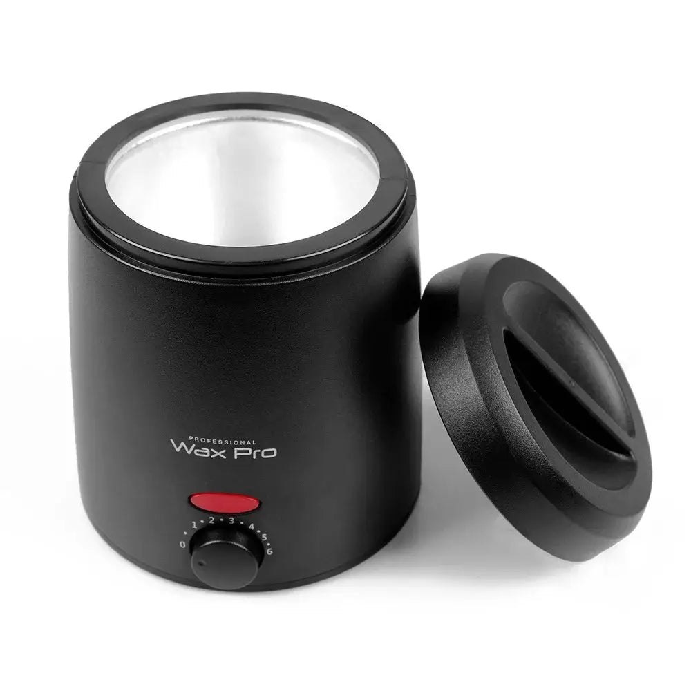 Wax warmer 200ml, black cylindrical heater with lid, red power switch and control dial