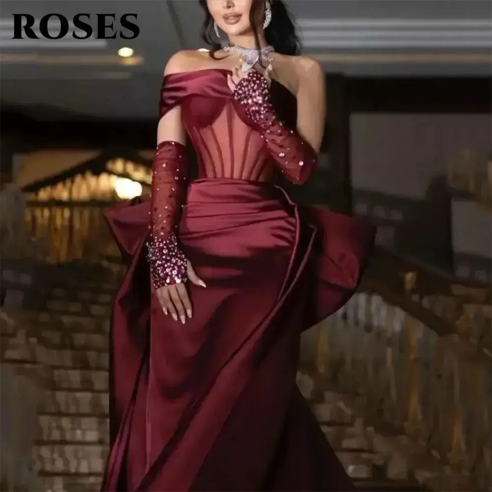 Roses Burgundy Mermaid Prom Dress One Shoulder Beading Bow Sleeve