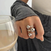 Exaggeration punk metal ring set for women, three silver ball rings with three-layer design, adjustable, Simples Market