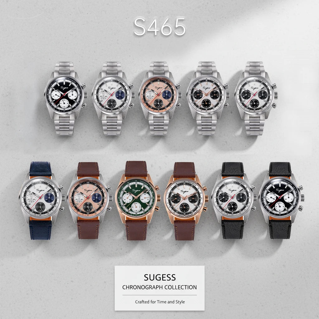Sugess S465 chronograph men's watches, 11 stainless steel and leather strap models with assorted dial colors.