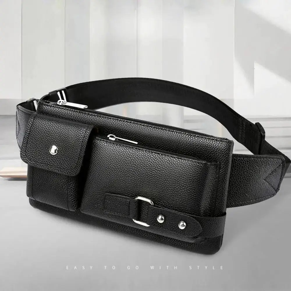 Simples Market leather waist bag fanny pack in black with front pocket and belt strap