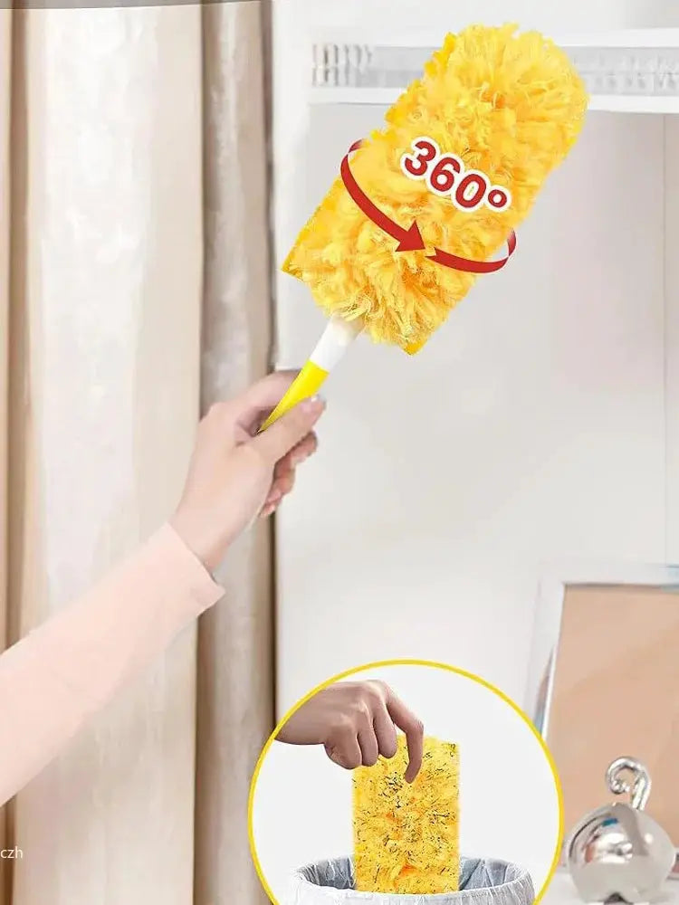Simples Market 360° electrostatic feather duster, yellow handheld cleaning tool for dust and spider webs.