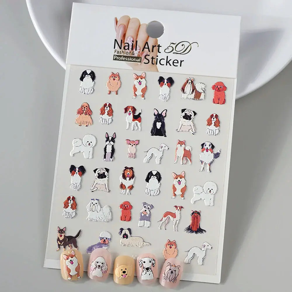 Nail art sticker sheet with embossed animal charms in multicolor for manicure decor