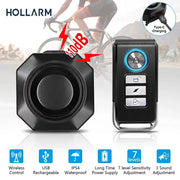 Hollarm black wireless bike alarm with remote; USB charging, IP54 waterproof, 2-piece kit