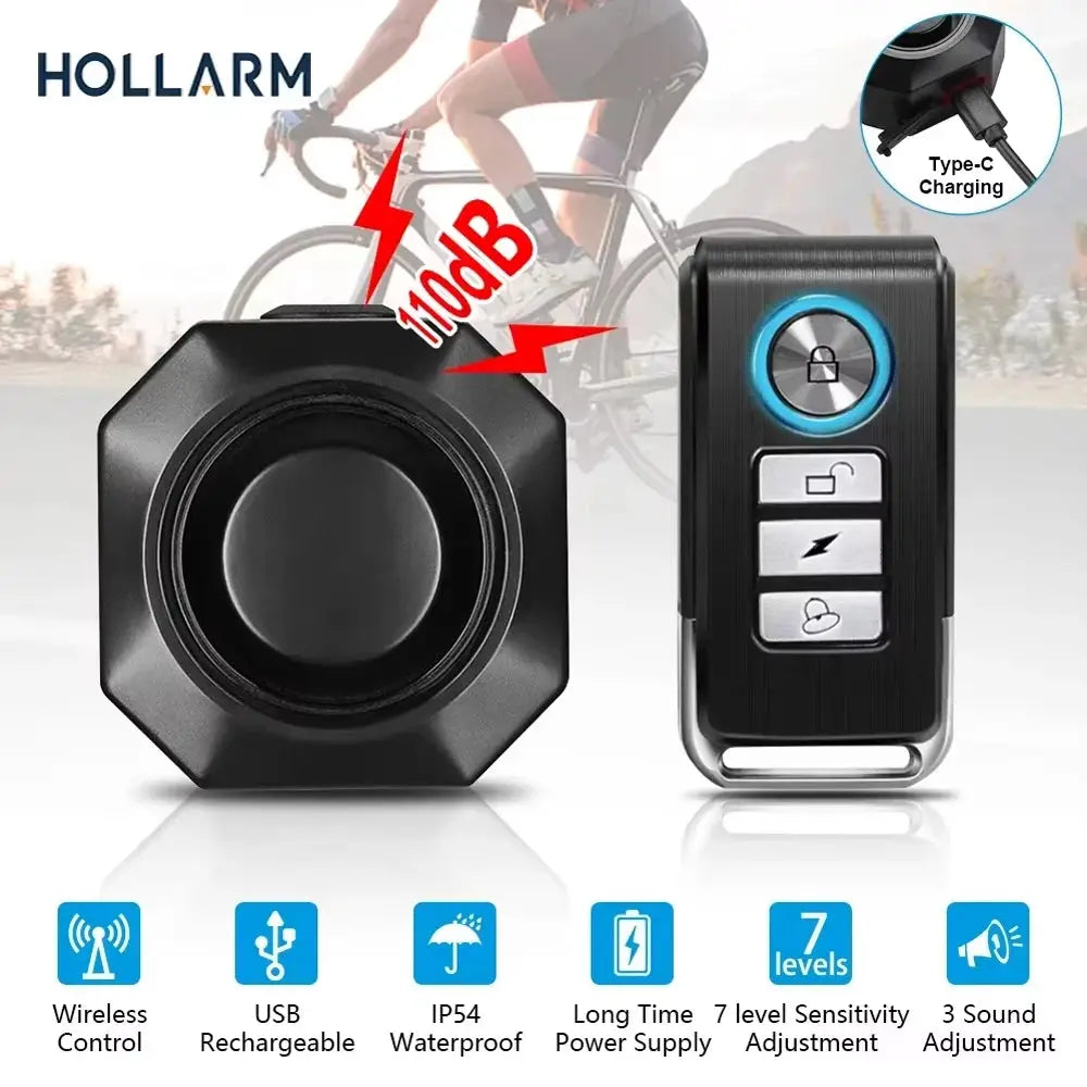 Hollarm black wireless bike alarm with remote; USB charging, IP54 waterproof, 2-piece kit