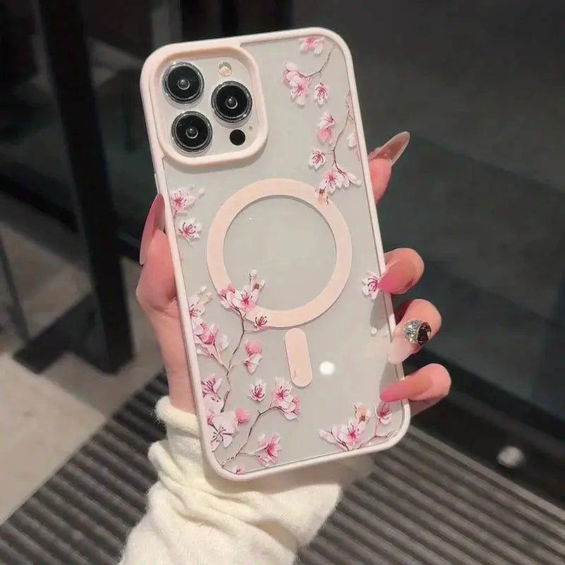 CherryGuard Pink Cherry Blossom Magnetic Phone Case For iPhone Series With Shockproof Protection
