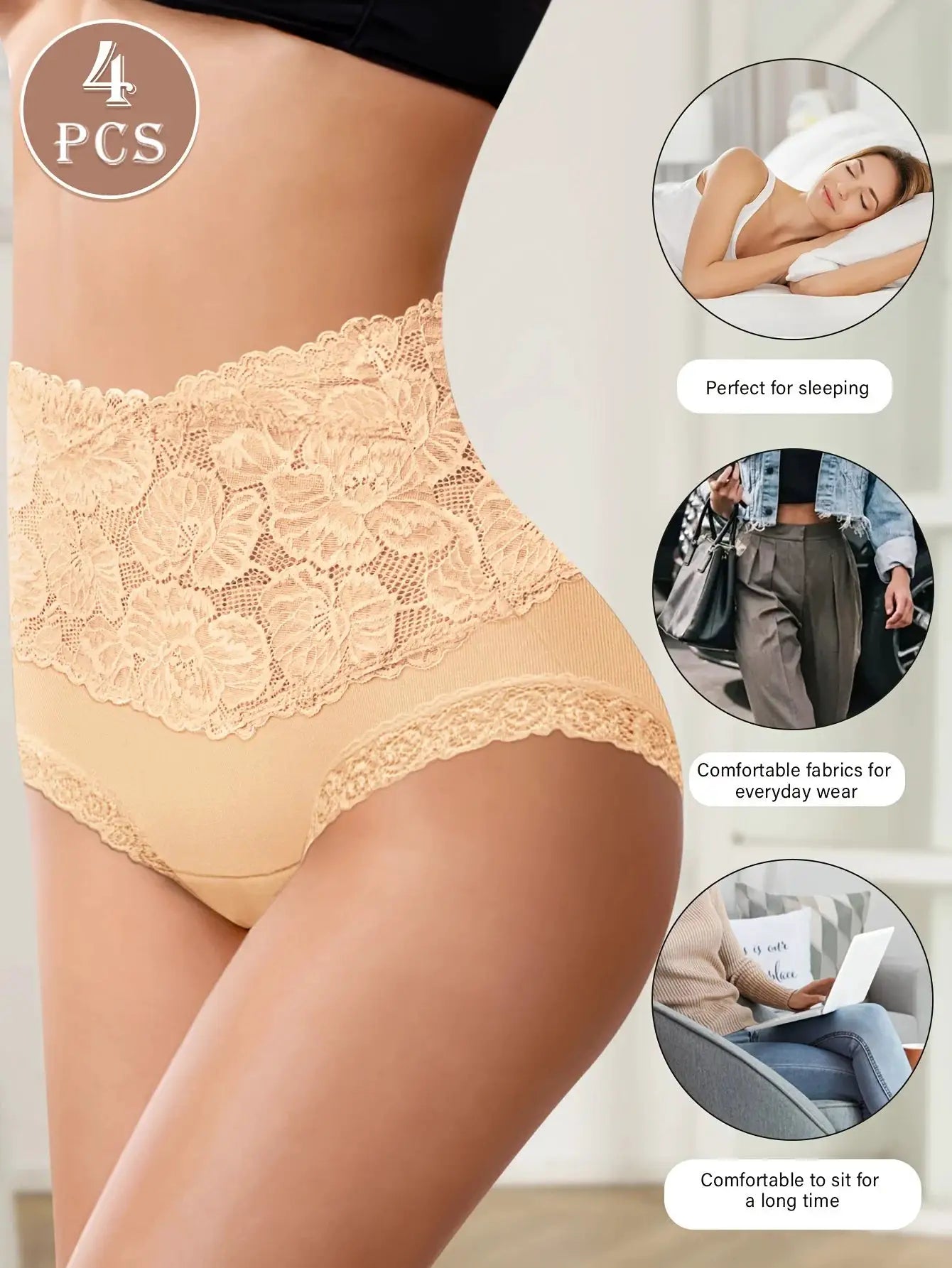 4pc high-waisted lace panties set in peach cotton with jacquard pattern, skin-friendly and soft